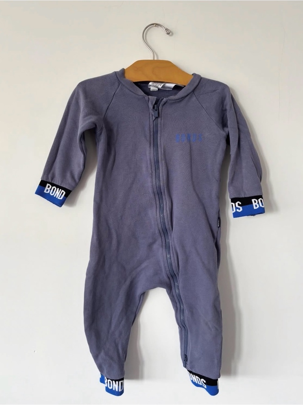 Bonds Gray Zip-Front Footie with Blue Logo Trim
